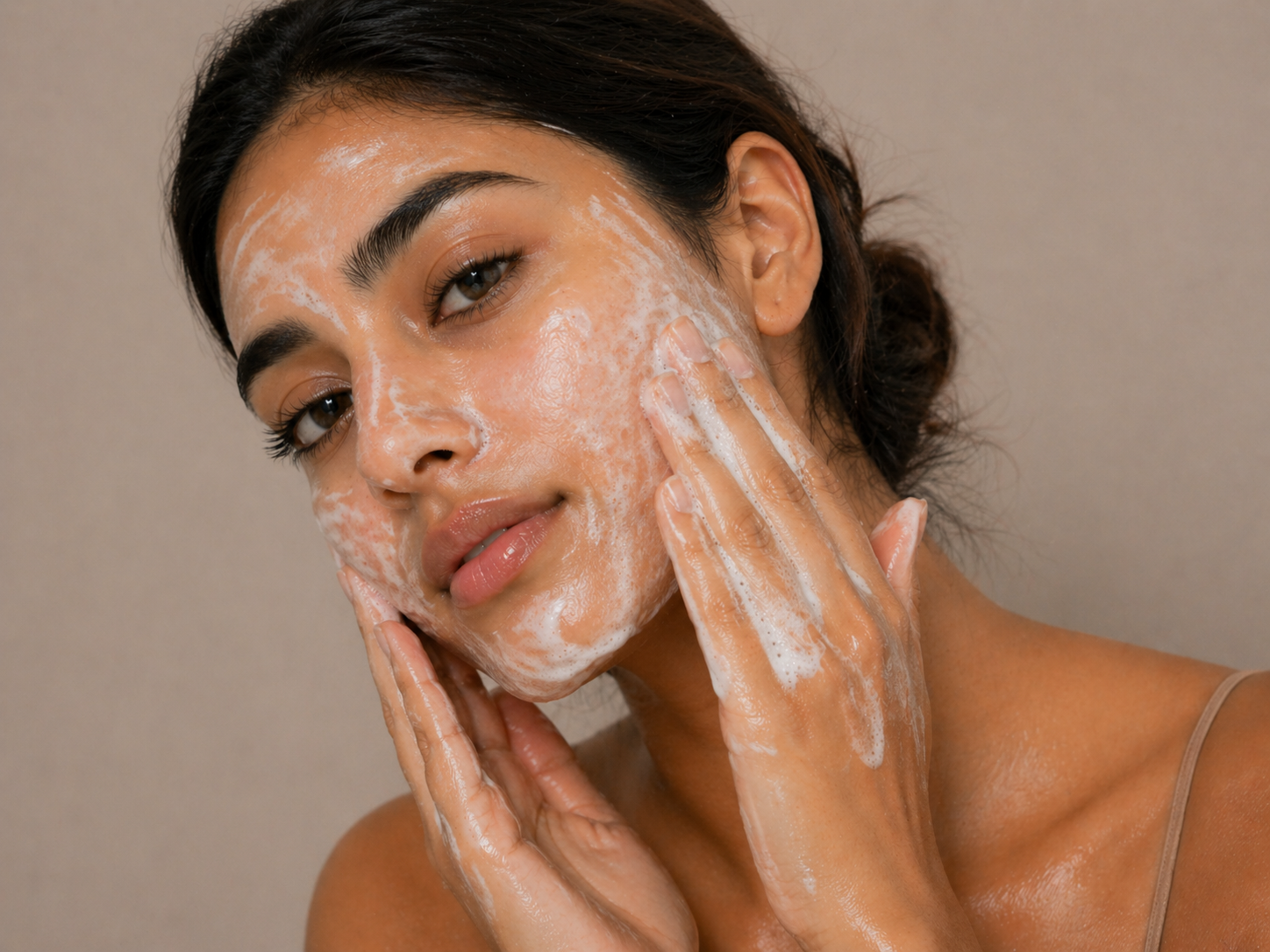 Woman washing her face with skin xo Pore Clarifying Gel cleanser with a neutral background