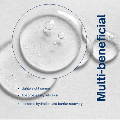 Lightweight serum droplets on a gray background with text highlighting benefits.