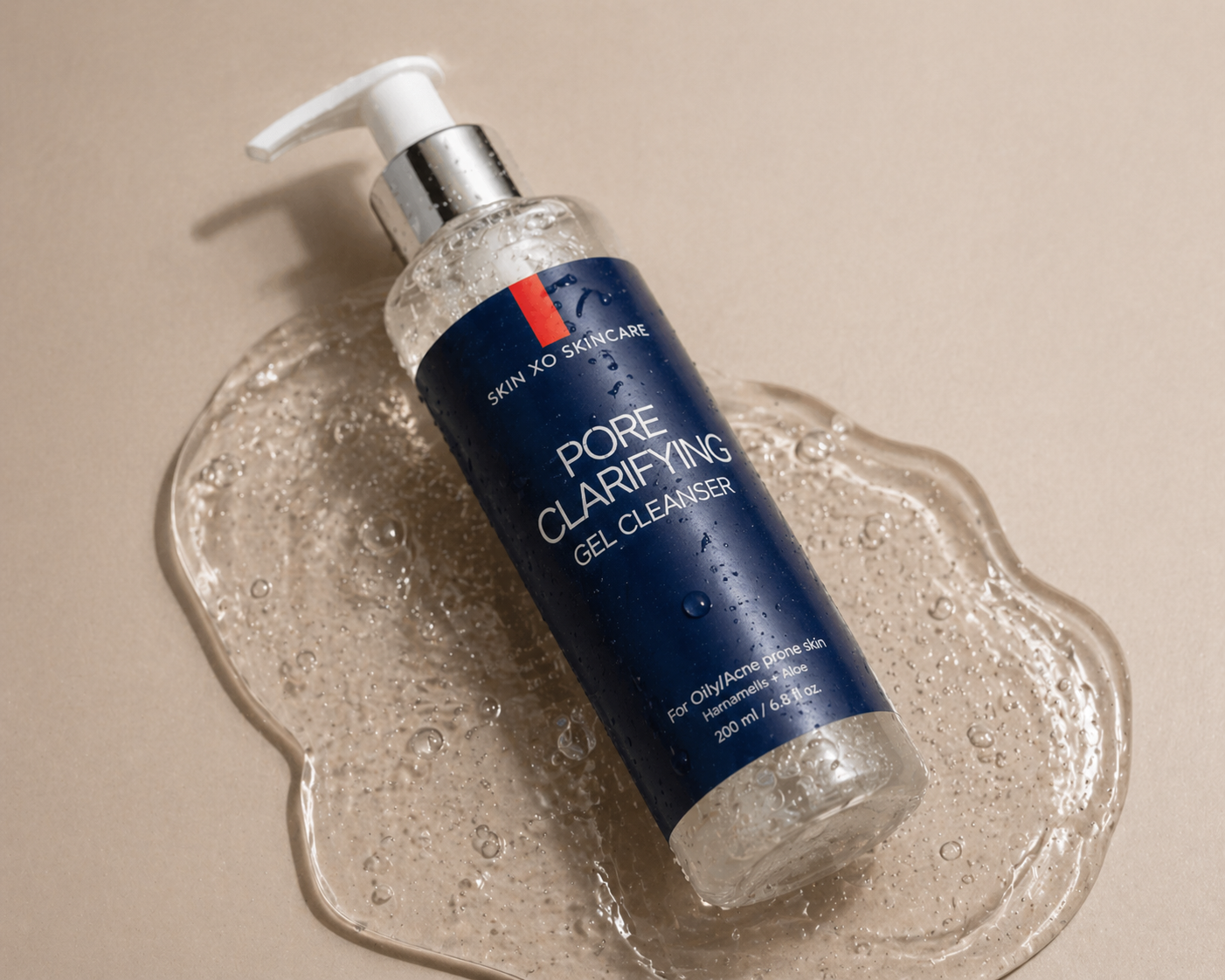 Bottle of skin xo pore clarifying gel cleanser with pump on a beige background
